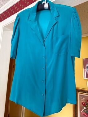 Vintage Lloyd Williams Turquoise Short-Sleeve Button Front Blouse size 12